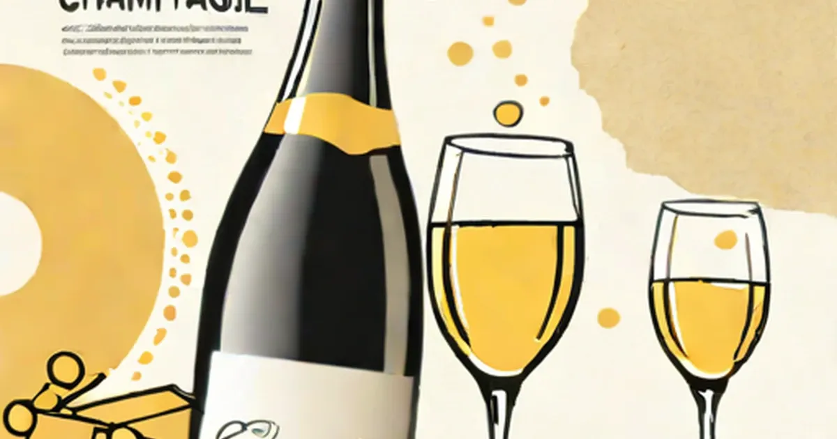 Illustrated champagne bottle and two flutes with golden bubbles