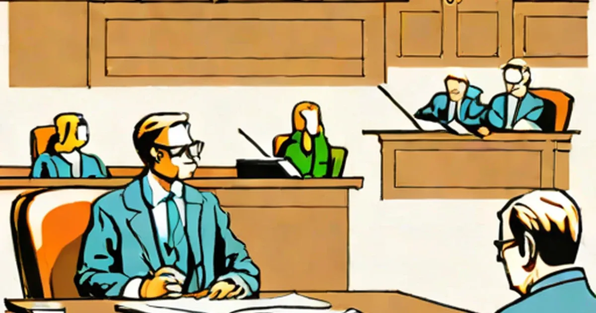 Man in suit appears before judge and court officials in courtroom
