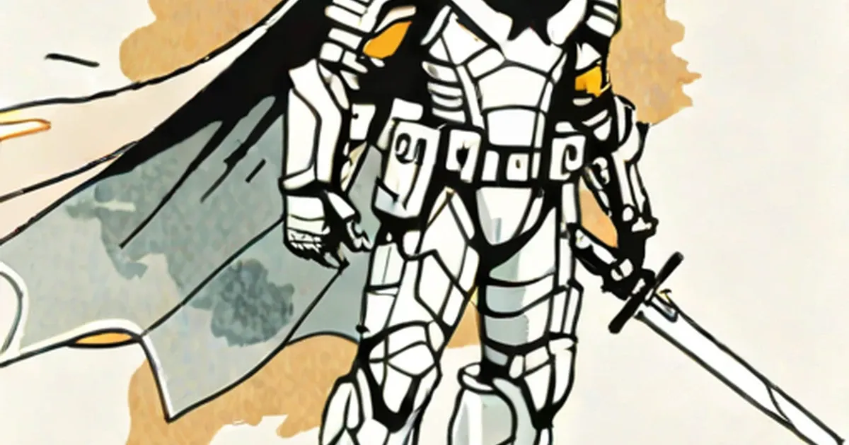 Knight in white armor with flowing cape against watercolor background