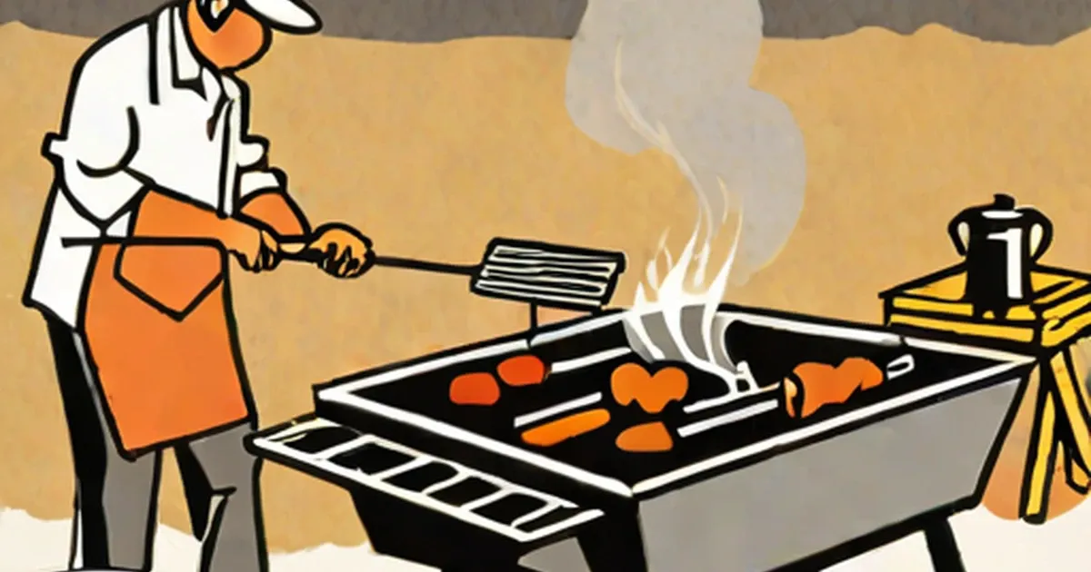 Cook grilling meat on a charcoal barbecue with smoke rising from the grates