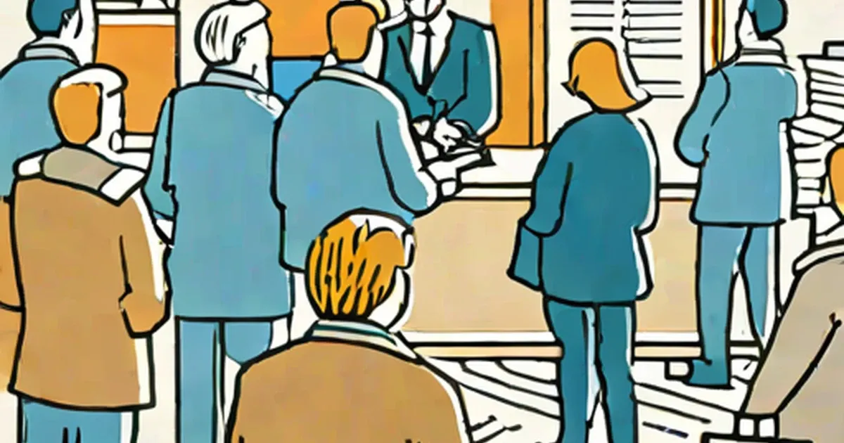 Stylized illustration of people waiting in line with documents