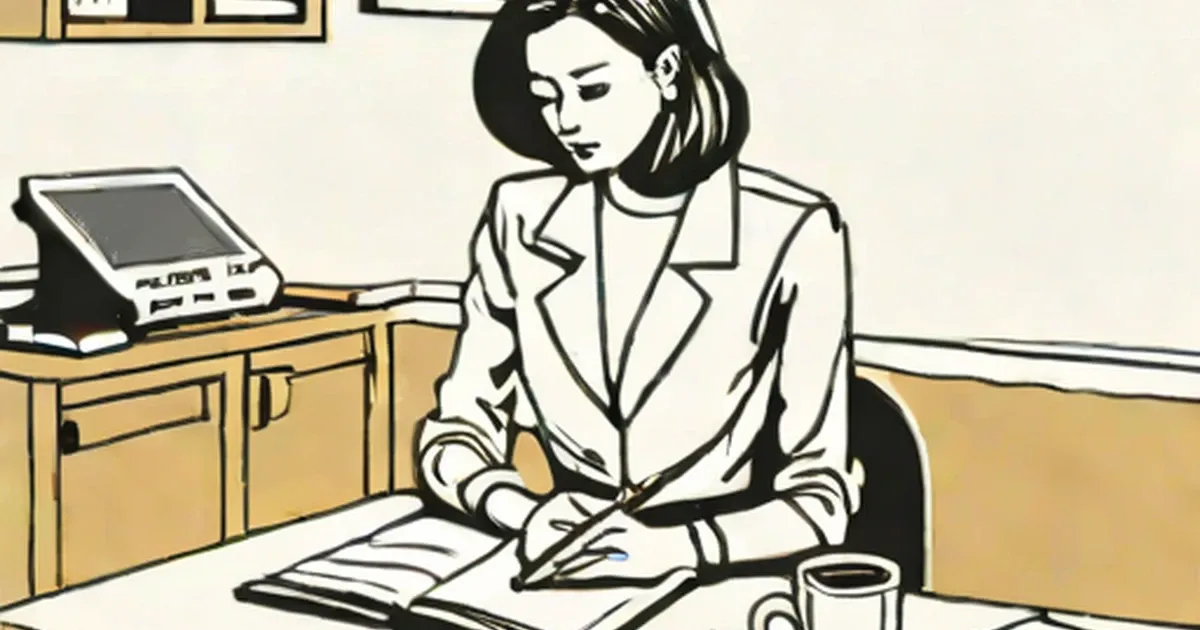 Woman at desk writing on papers next to a computer