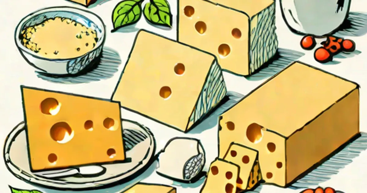 Assorted cheese blocks and shredded cheese beside fresh basil