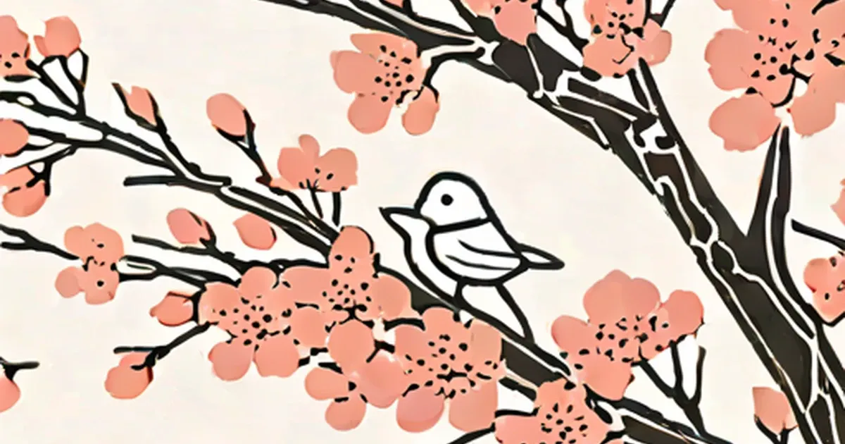 Pink cherry blossoms on black branches with a small white bird