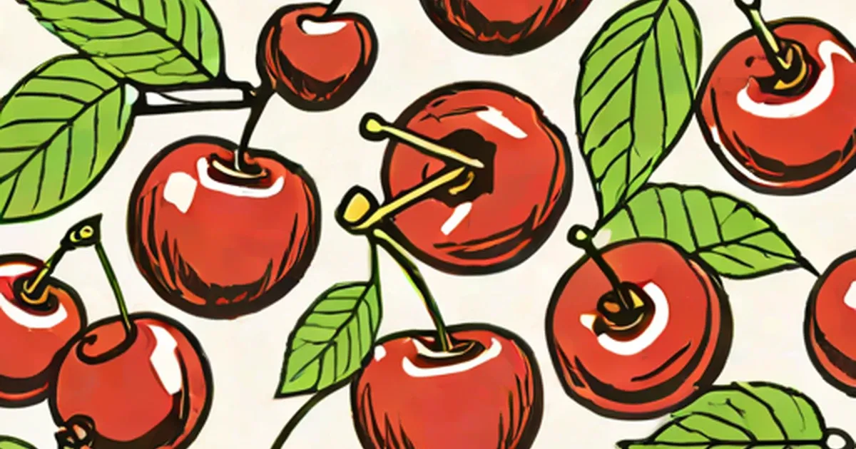 Stylized red cherries with green leaves on cream background