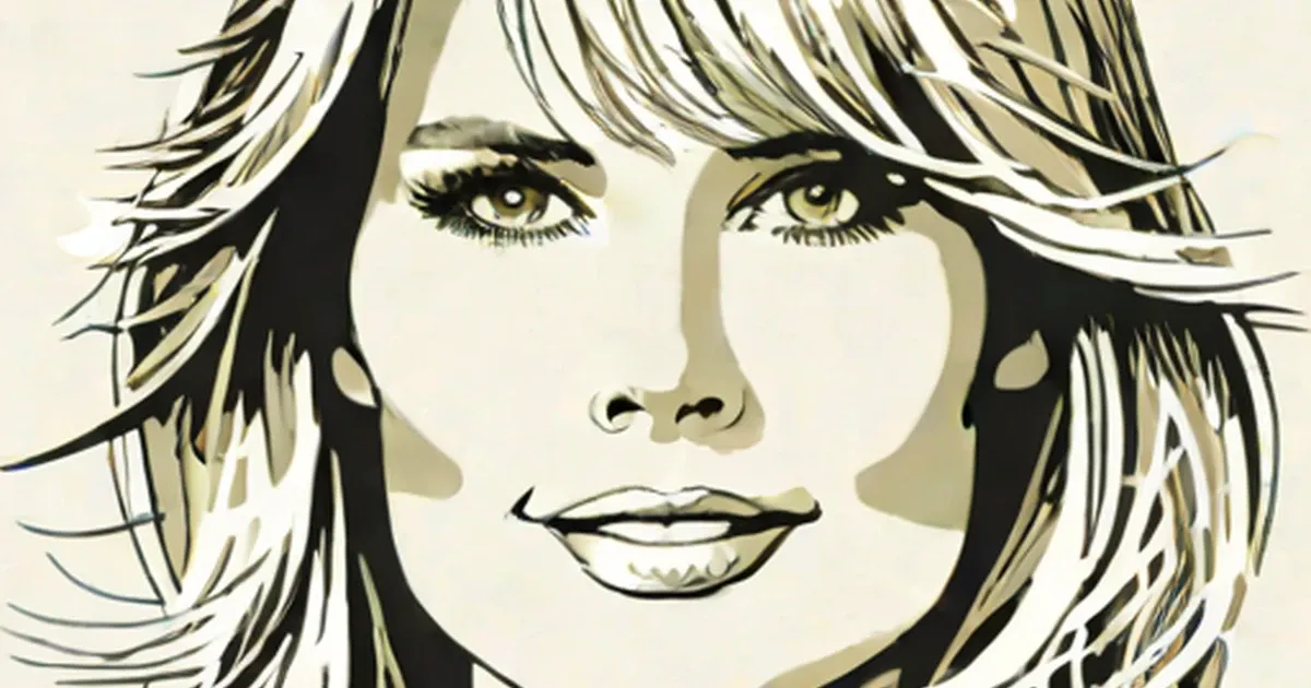 Illustrated portrait of Cheryl Tiegs with blonde layered hair and dramatic eyeliner
