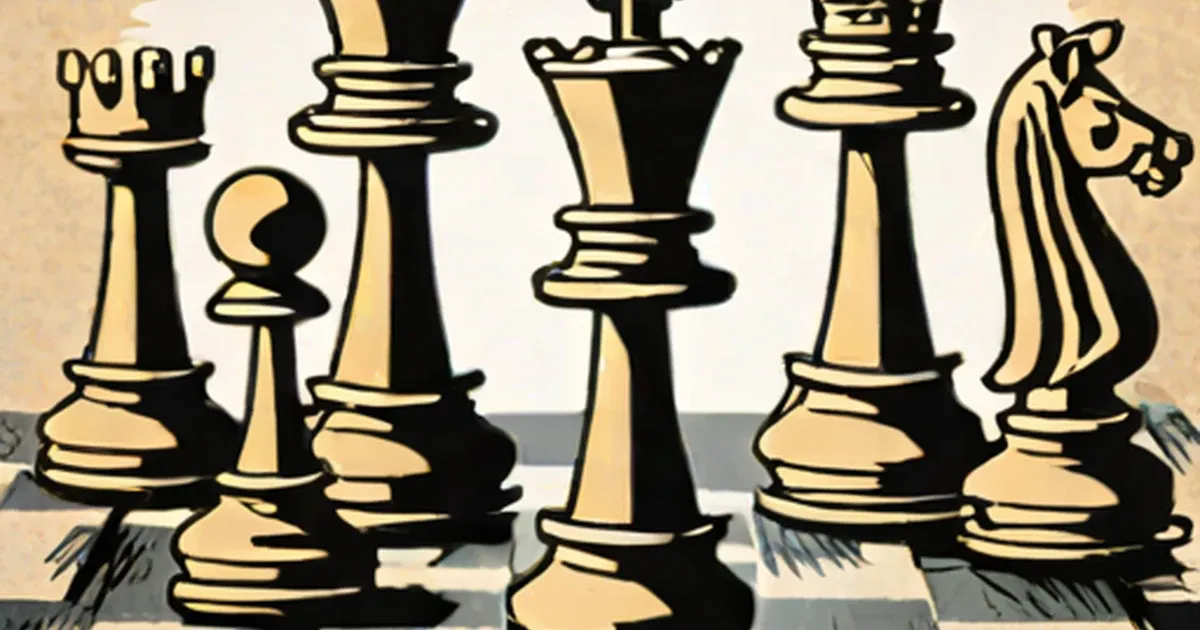 Stylized chess pieces arranged on a chessboard