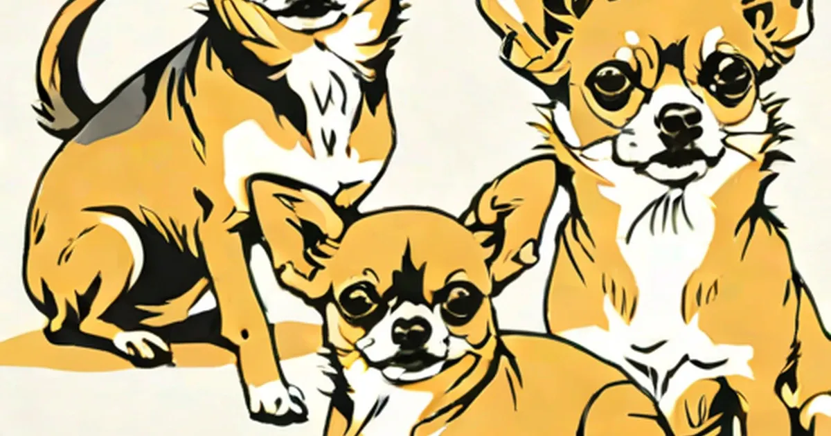 Three illustrated tan chihuahuas with white markings