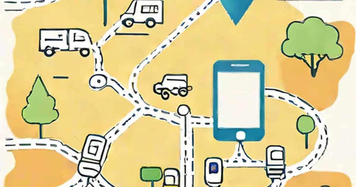 Smartphone map showing vehicles and GPS tracking device connected by dotted lines