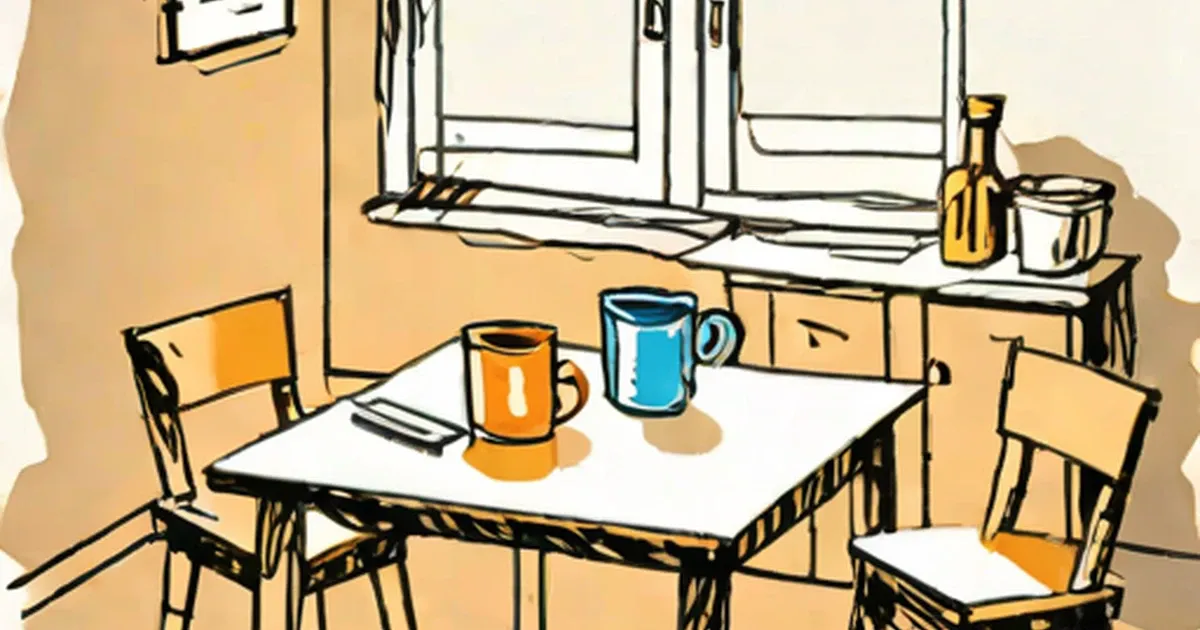 Small wooden table and four child-sized chairs with two mugs