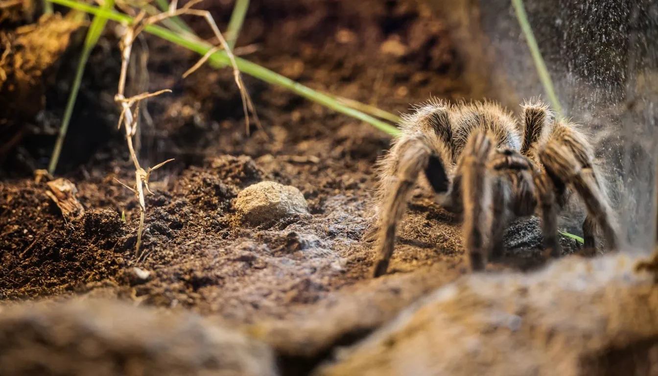 A brown tarantula at the mouth of its burrow
