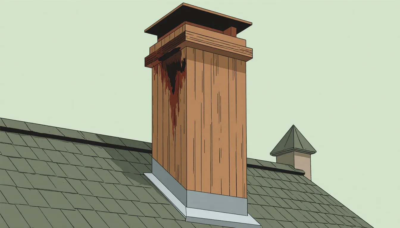Illustration of a wood-framed chimney chase with a rotted corner board and flashing where it meets the roof