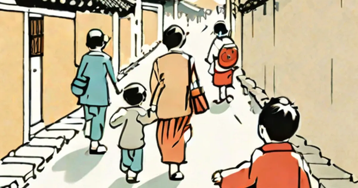 Woman with several children in a traditional Chinese courtyard