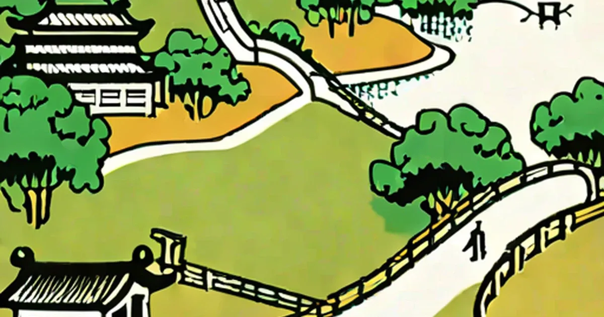 Illustrated map of Chinese countryside with traditional temples, farmland, and paths