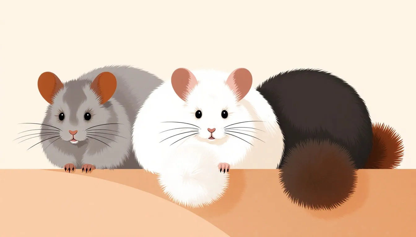 Three chinchillas with different colored coats , grey, white, and black , sitting together