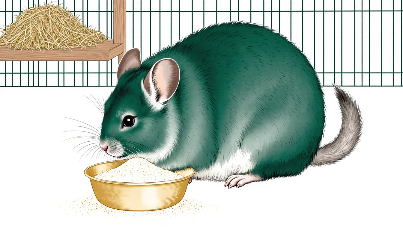A fluffy gray chinchilla rolling in a dust bath inside its wire cage, with hay nearby