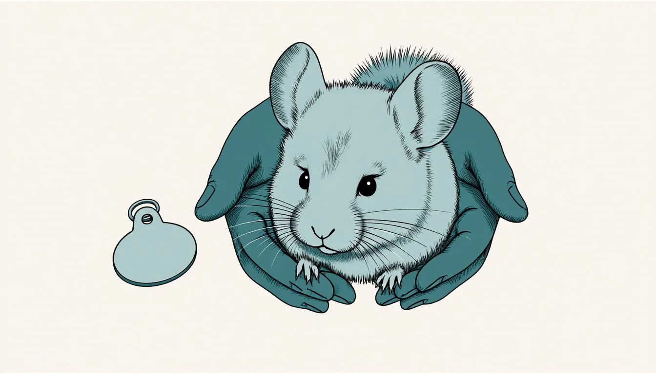 A fluffy pet chinchilla cradled in cupped hands next to a blank name tag