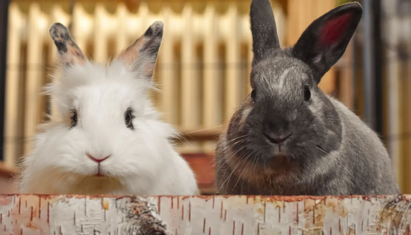 A white rabbit and a grey rabbit side by side indoors