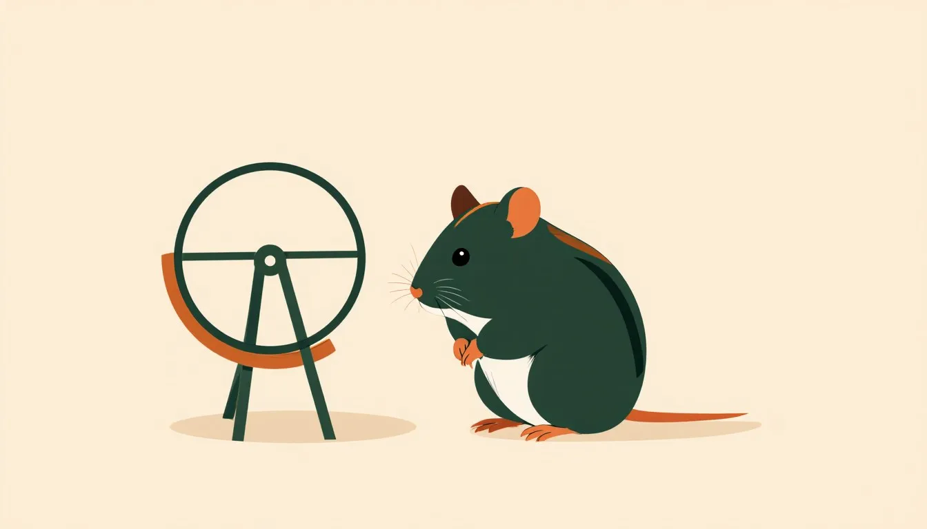 Illustration of a Chinese dwarf hamster with its dorsal stripe sitting beside an exercise wheel