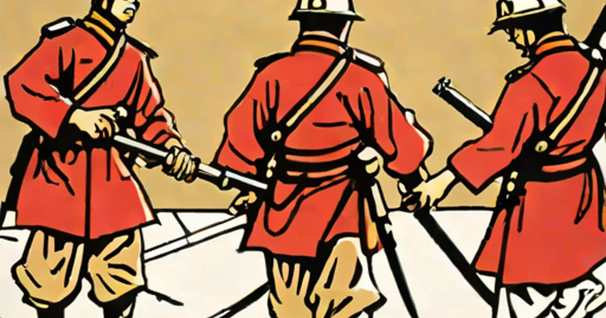 Armed guards in red uniforms and pith helmets carrying rifles