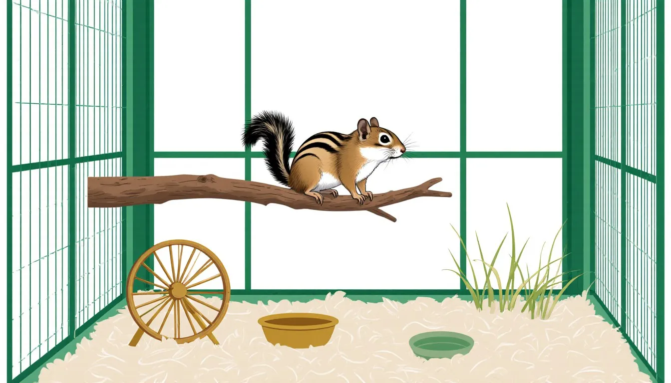 A pet chipmunk perched on a branch inside a furnished home enclosure with a wheel and bedding