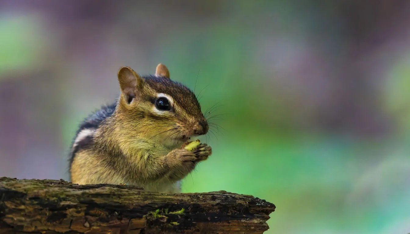 A chipmunk eating on a mossy log