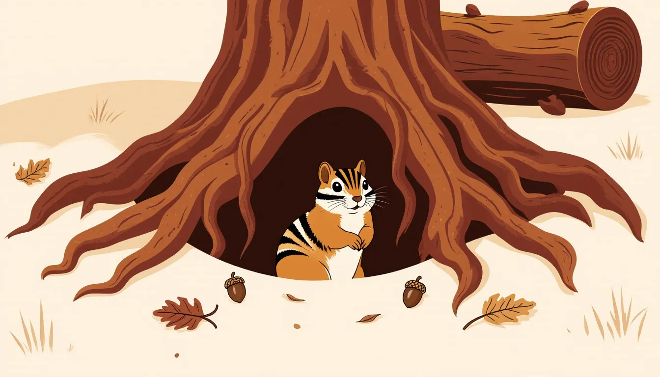 A chipmunk sits at the entrance of its burrow beneath tree roots, surrounded by acorns and fallen leaves.