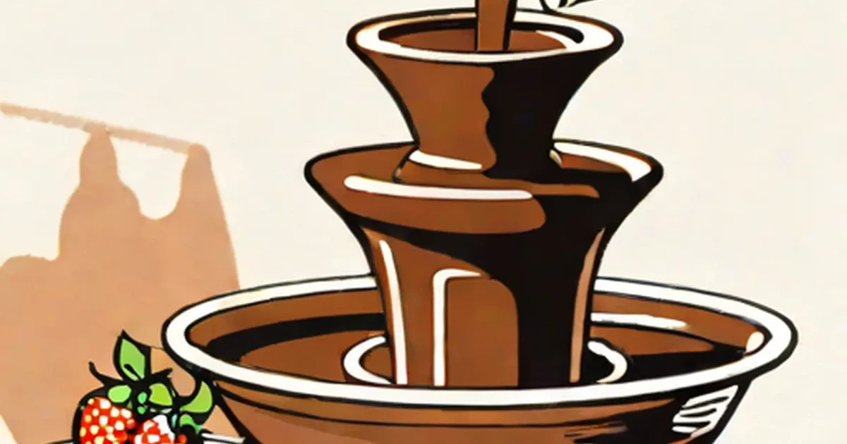 Three-tier chocolate fountain with cascading chocolate and a strawberry