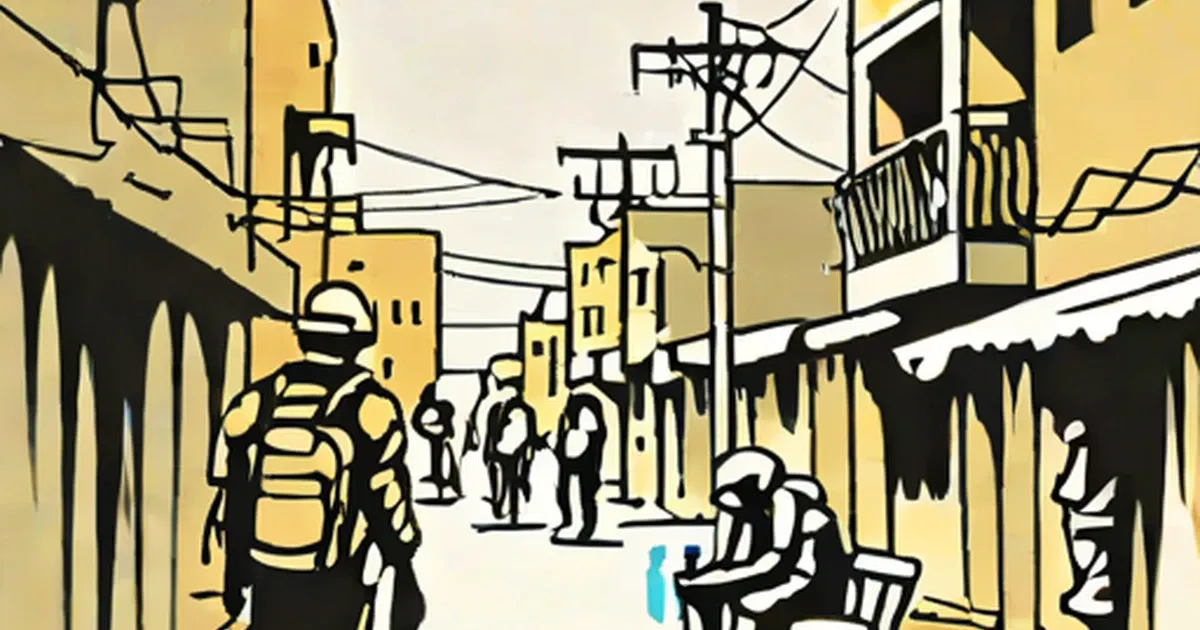 Illustration of a street lined with yellow buildings and contaminated water on the ground