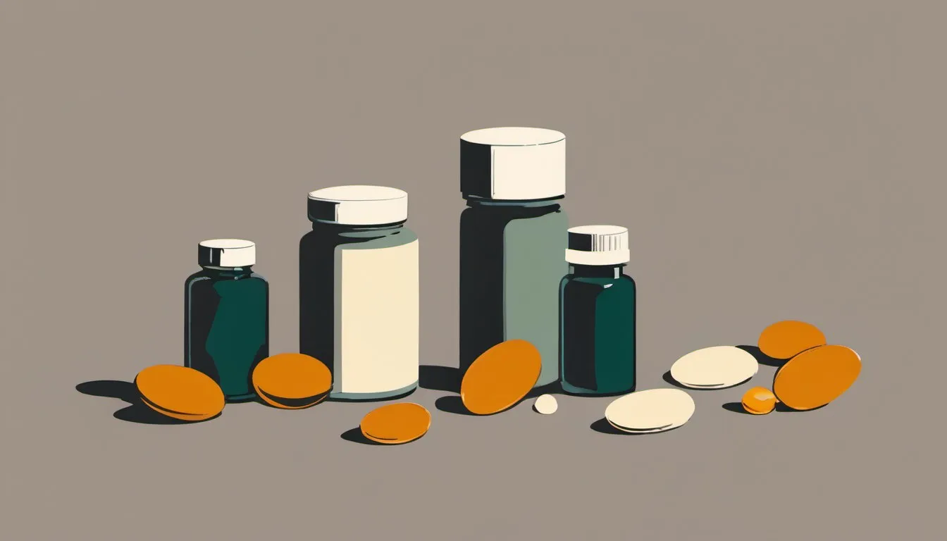 Illustration of a supplement bottle with amber softgel capsules scattered beside it