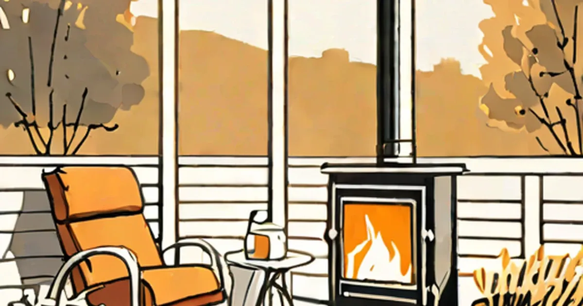 Black patio heater with flame on a wooden deck at dusk
