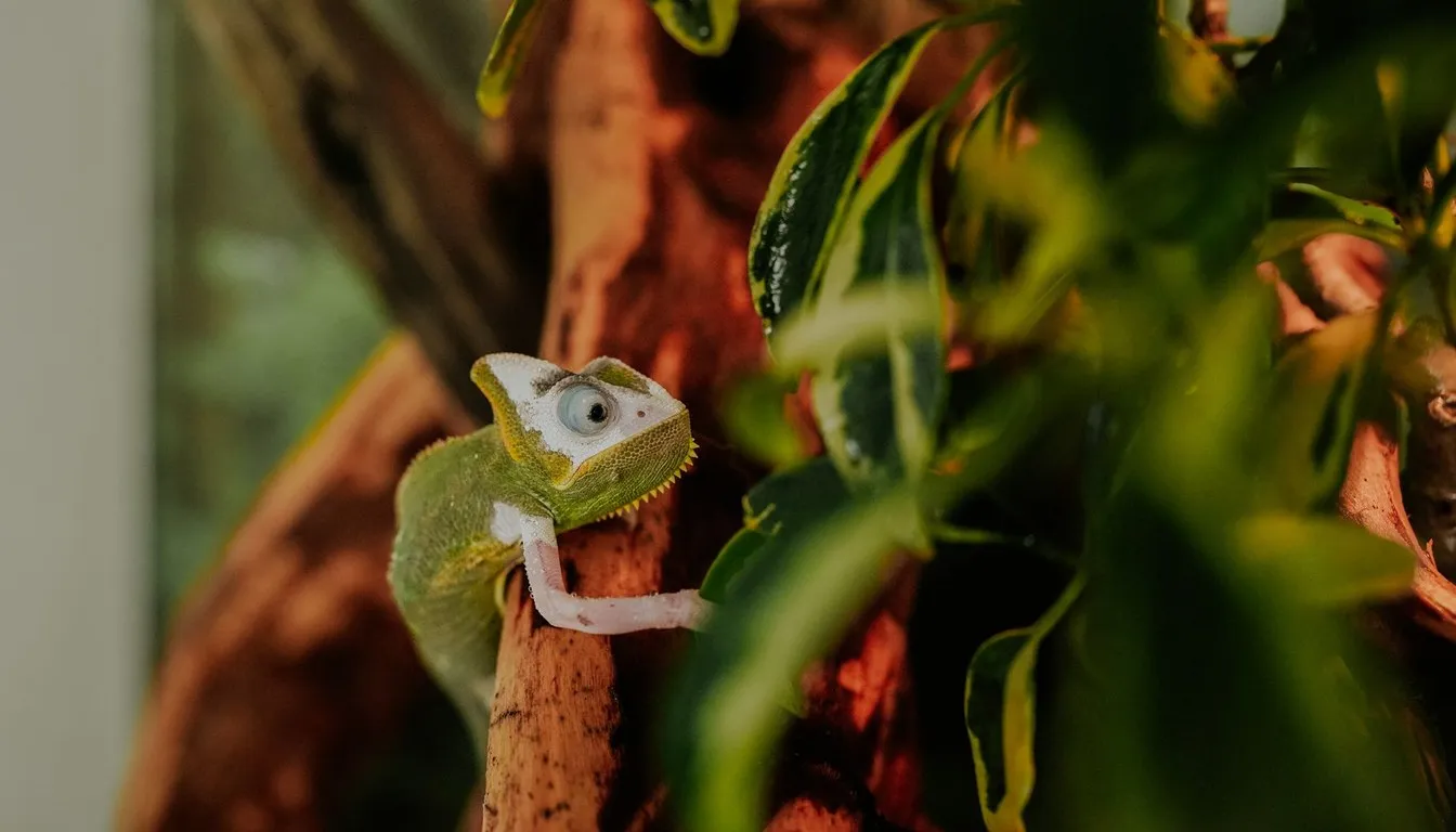 A green chameleon climbing a branch