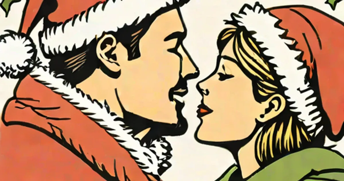 Two people in winter coats leaning close together beneath mistletoe