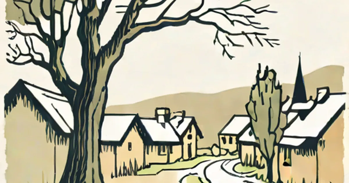 Snow-covered village illustration featuring farmhouses, a bare tree, and a church steeple