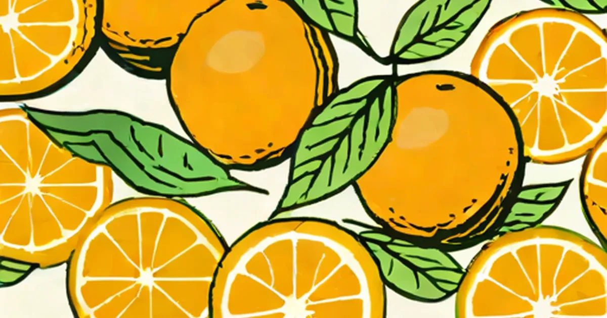Illustrated oranges and orange slices with green leaves on white background