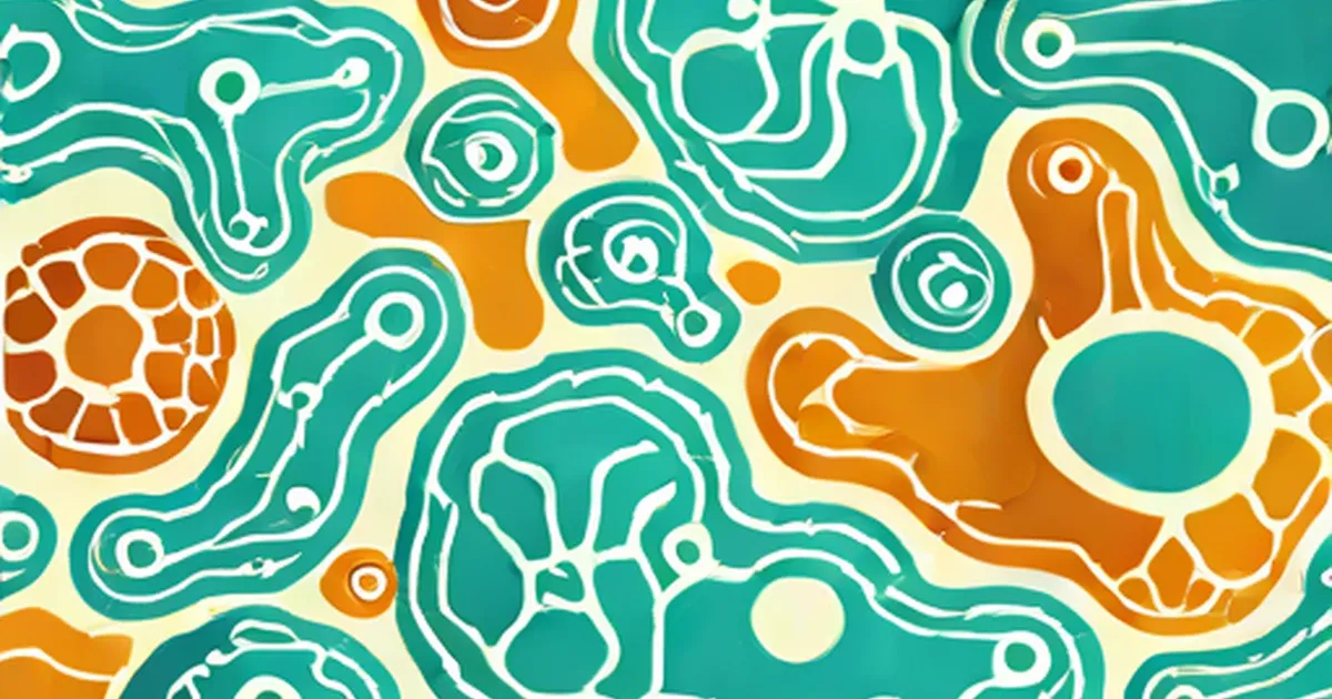 Illustrated amoebas in flowing teal and orange shapes with cream accents
