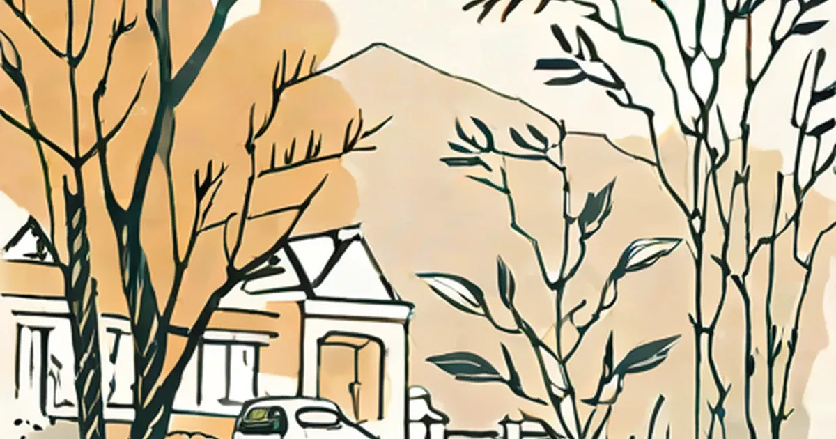 House and car surrounded by bare trees in illustration