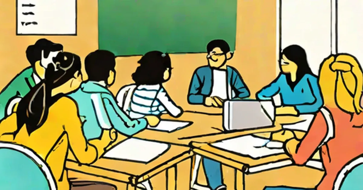 Students seated around a table during a classroom group activity