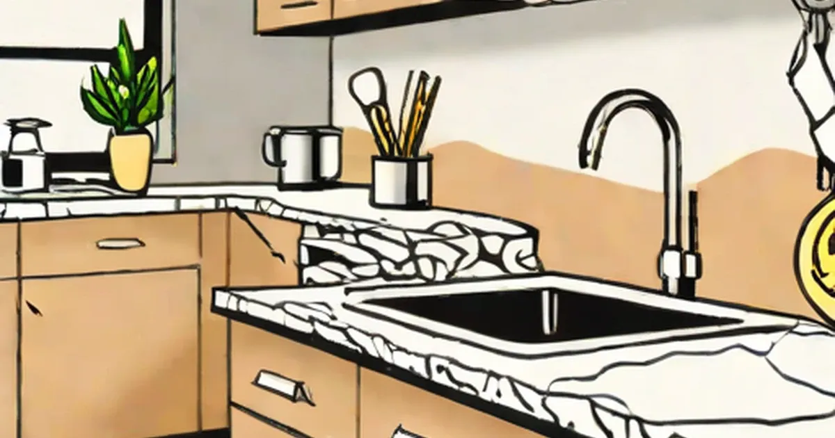 Black and white speckled granite countertop with double sink in illustrated kitchen