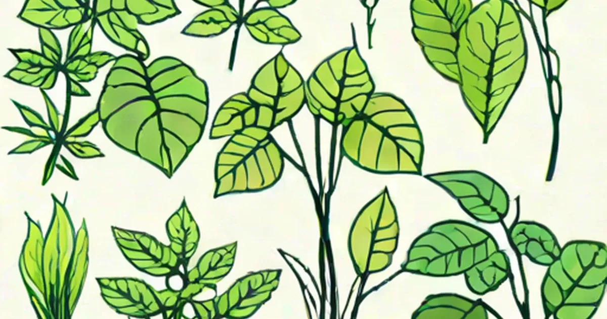Illustrated plant stems and cuttings with green leaves on a cream background