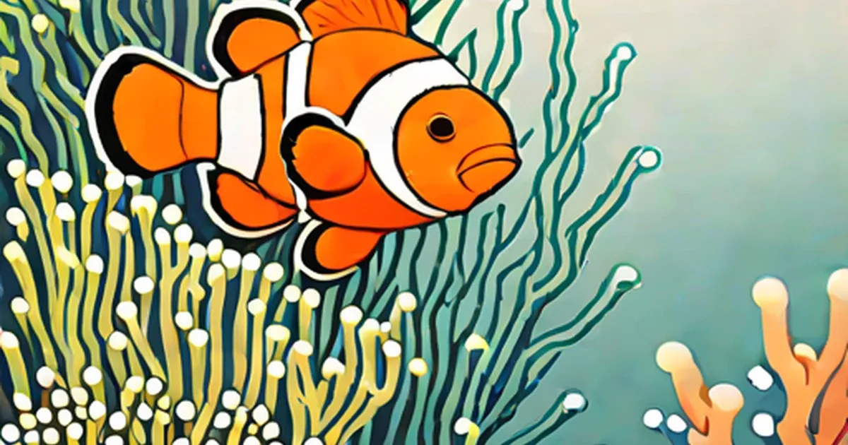 Orange and white clownfish illustration beside a sea anemone with yellow-green tentacles