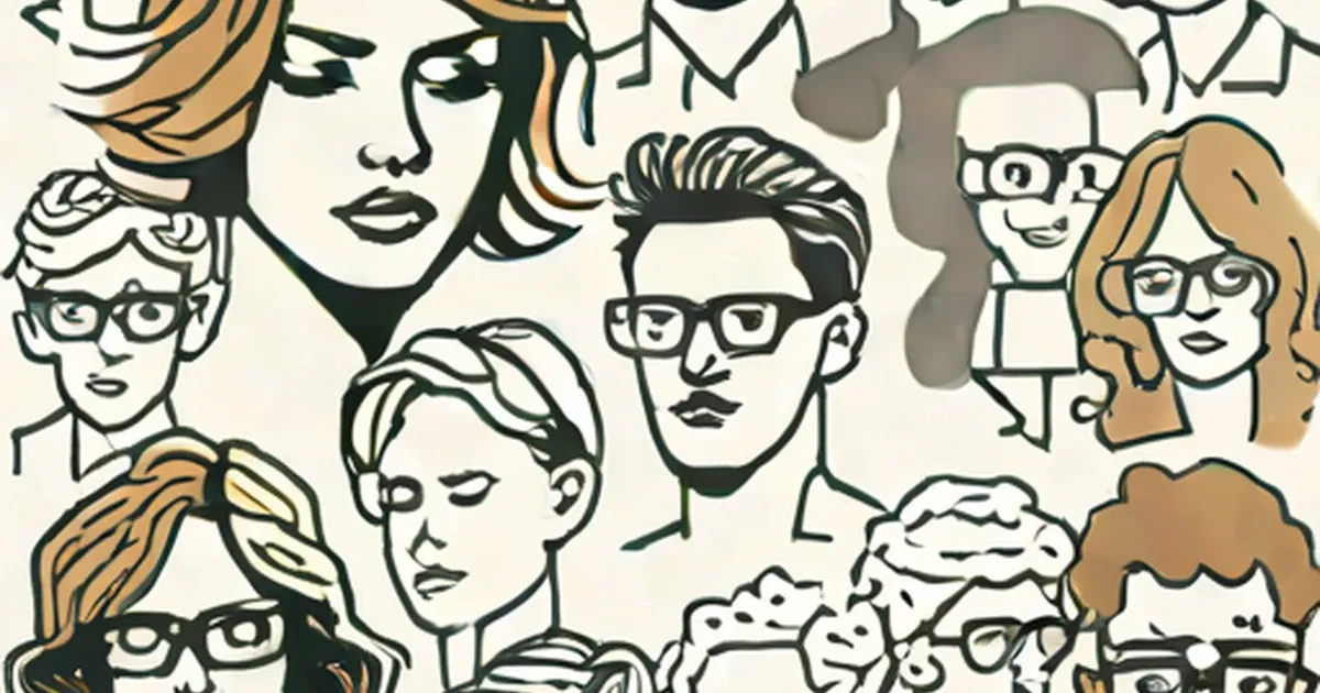 Group of illustrated faces in line-art style, some wearing glasses, various expressions