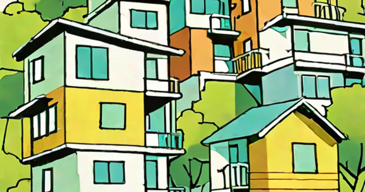 Colorful illustration of residential buildings clustered together with shared green spaces