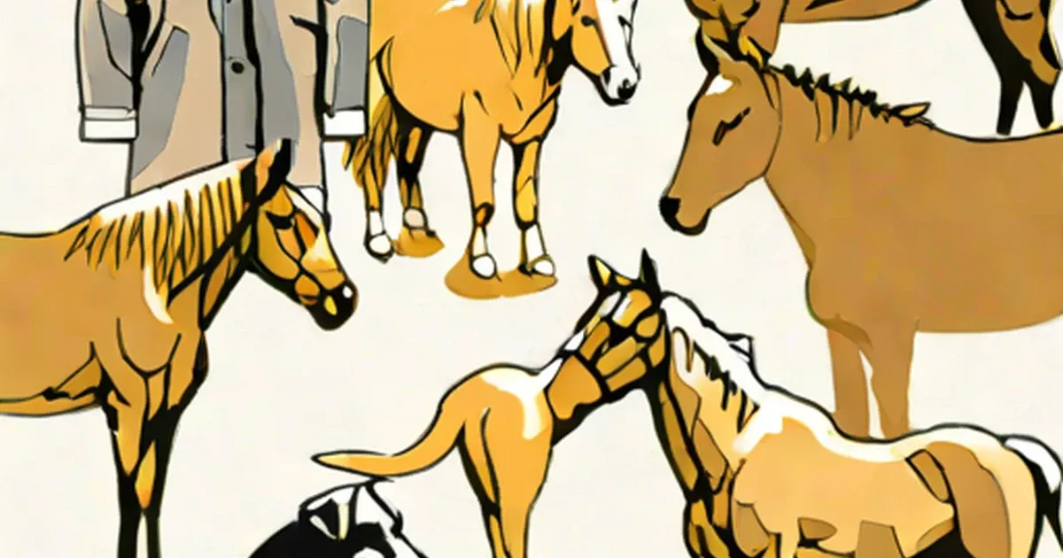 Illustrated horses in various coat colors from cream to brown with distinctive dark mane and leg markings