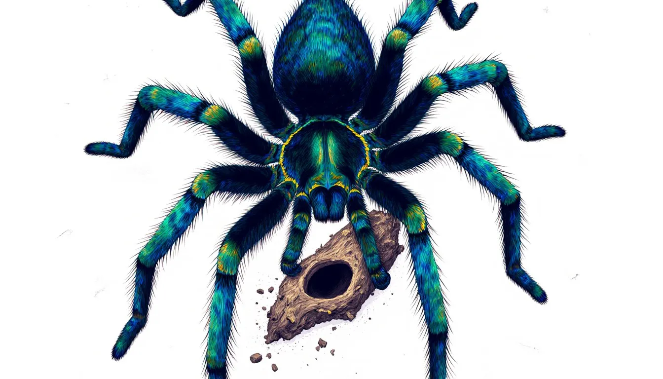 Illustration of a cobalt blue tarantula with vivid iridescent legs resting on a piece of bark