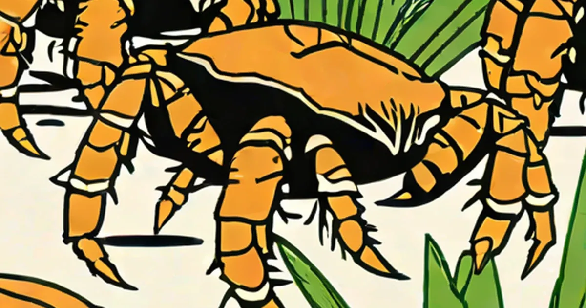 Bold graphic illustration of a coconut crab with orange claws and segmented legs