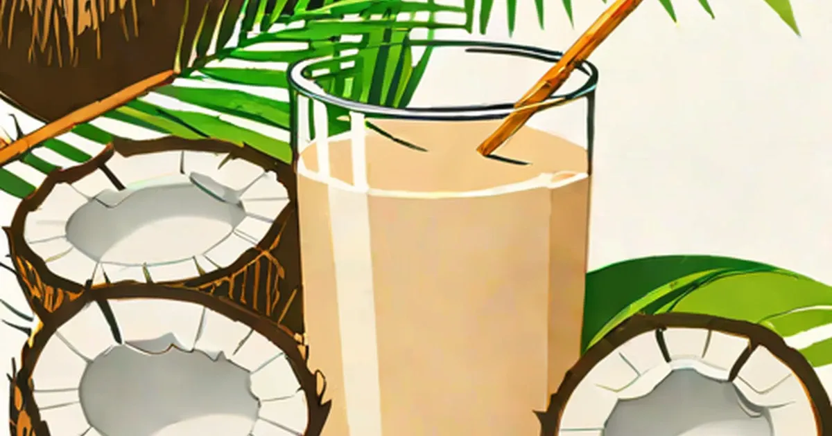 Glass of coconut milk surrounded by halved coconuts and tropical leaves