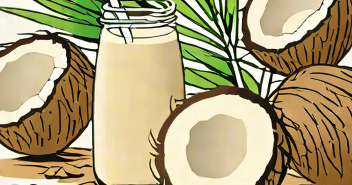 Pale coconut milk in a glass jar with coconut halves and tropical foliage