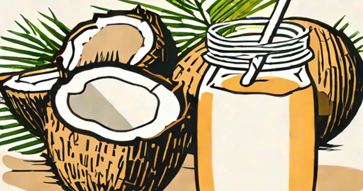 Opened coconuts and a glass jar of coconut milk with palm fronds