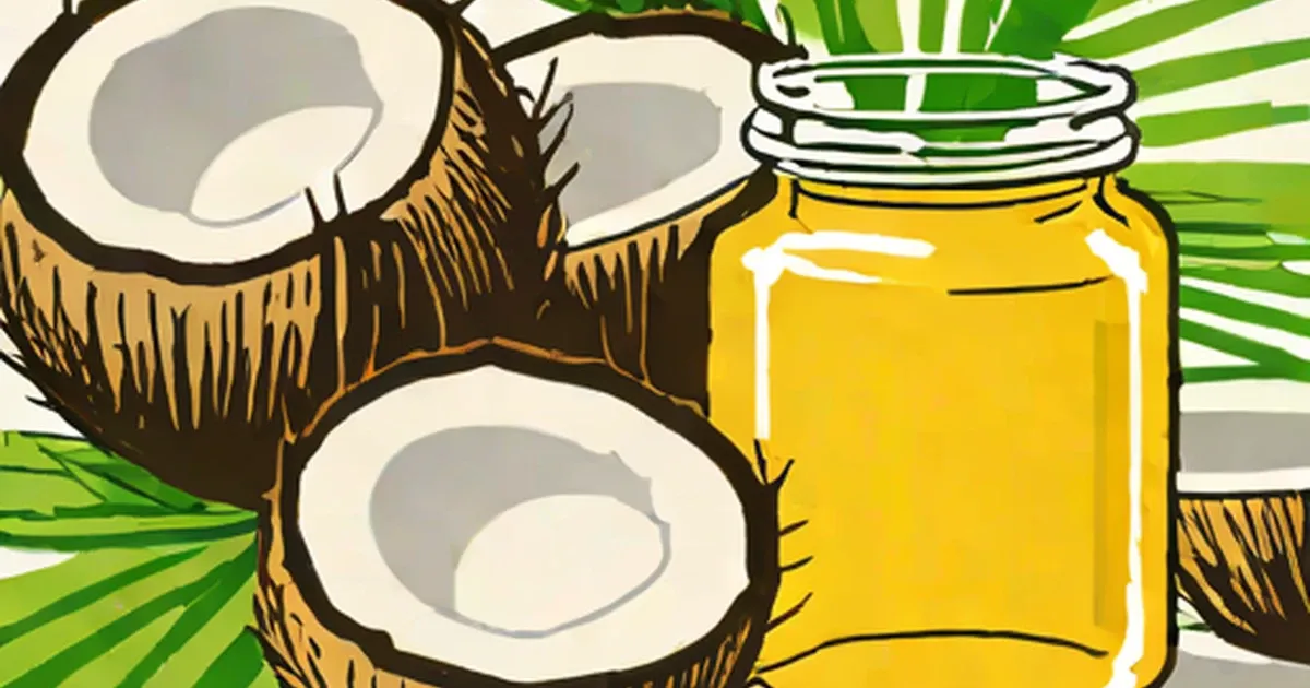 Coconut halves beside a jar of golden coconut oil